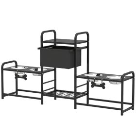 3 Height Adjustable Dog Bowl Stand Oxford Fabric With Features Four  Bowls, Toy Bin Basket (Option: BLACK)
