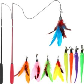 Cat Toys For Indoor Cats, Interactive Cat Toy 2PCS Retractable Wand Toy And 9PCS Cat Feather Toys Refills, Funny Kitten Toys Cat Fishing Pole Toy (Option: MULTICOLOR)